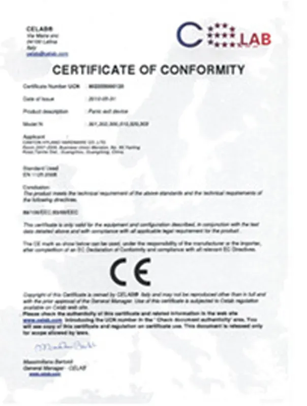 Certificado CE de conformidad CELAB para dispositivos antipánico Hyland