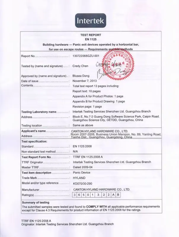 Informe de ensayo Intertek EN 1125 del dispositivo antipánico Hyland KD070/30-290