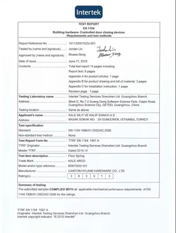 Informe de ensayo Intertek EN 1154 del cierrapuertas de suelo KD070/20-101