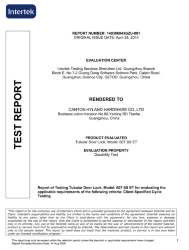 Informe Intertek de durabilidad de la cerradura tubular 607 SS ET