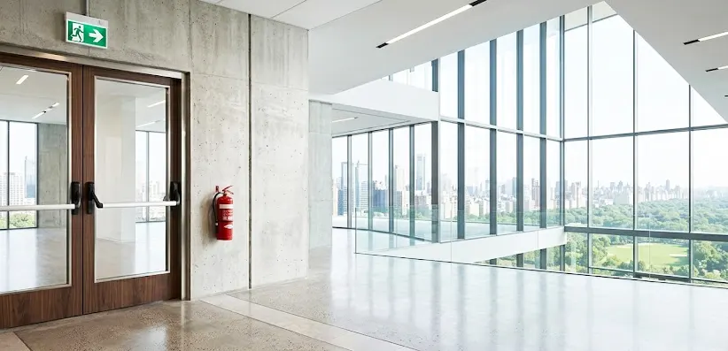 Panic exit hardware installed in a commercial interior