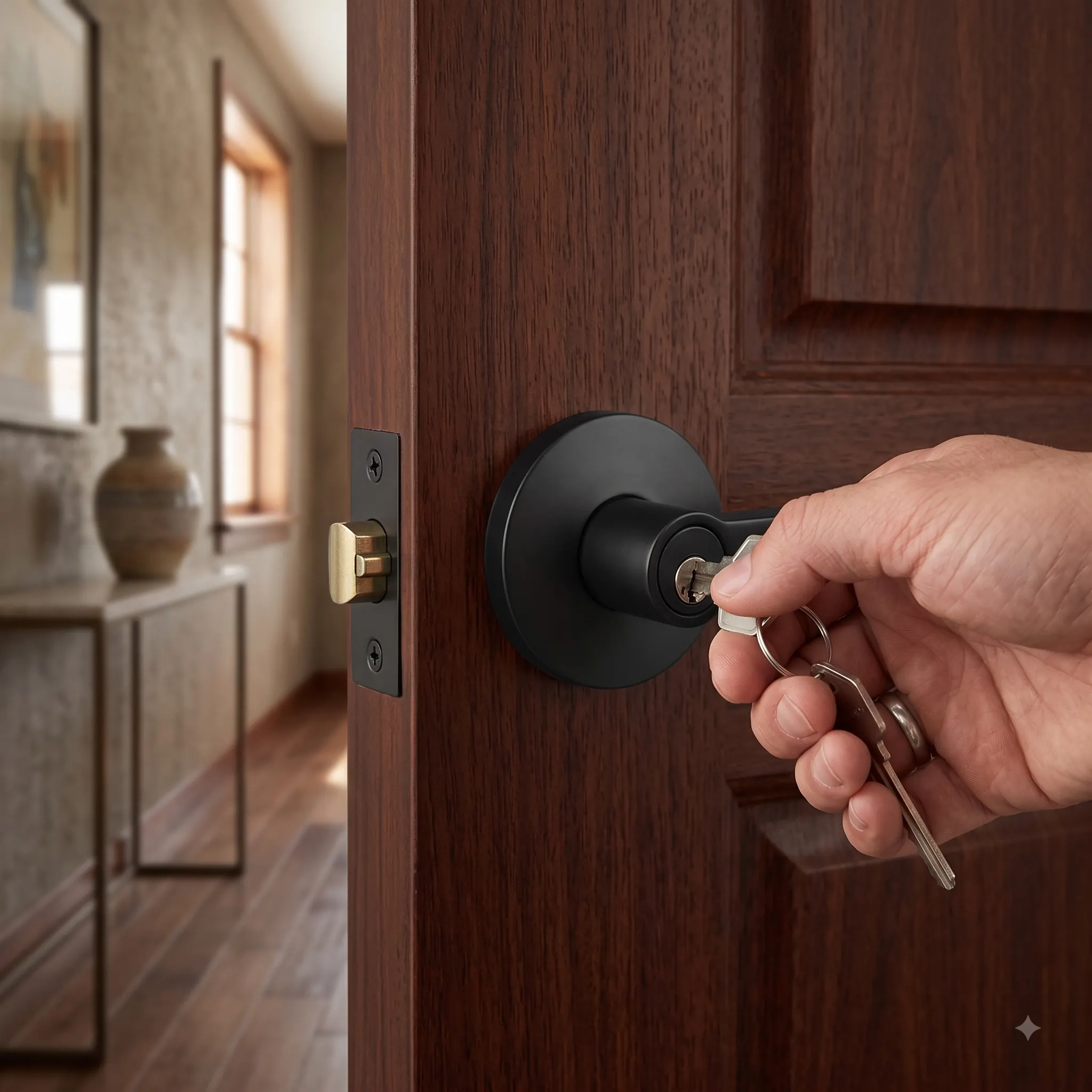 Matt black keyed knob lock on a dark timber door being unlocked by hand