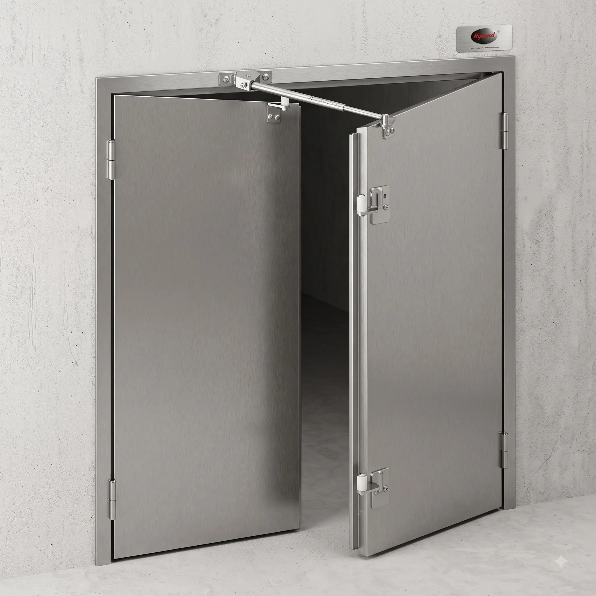 Stainless double doors fitted with a door coordinator arm