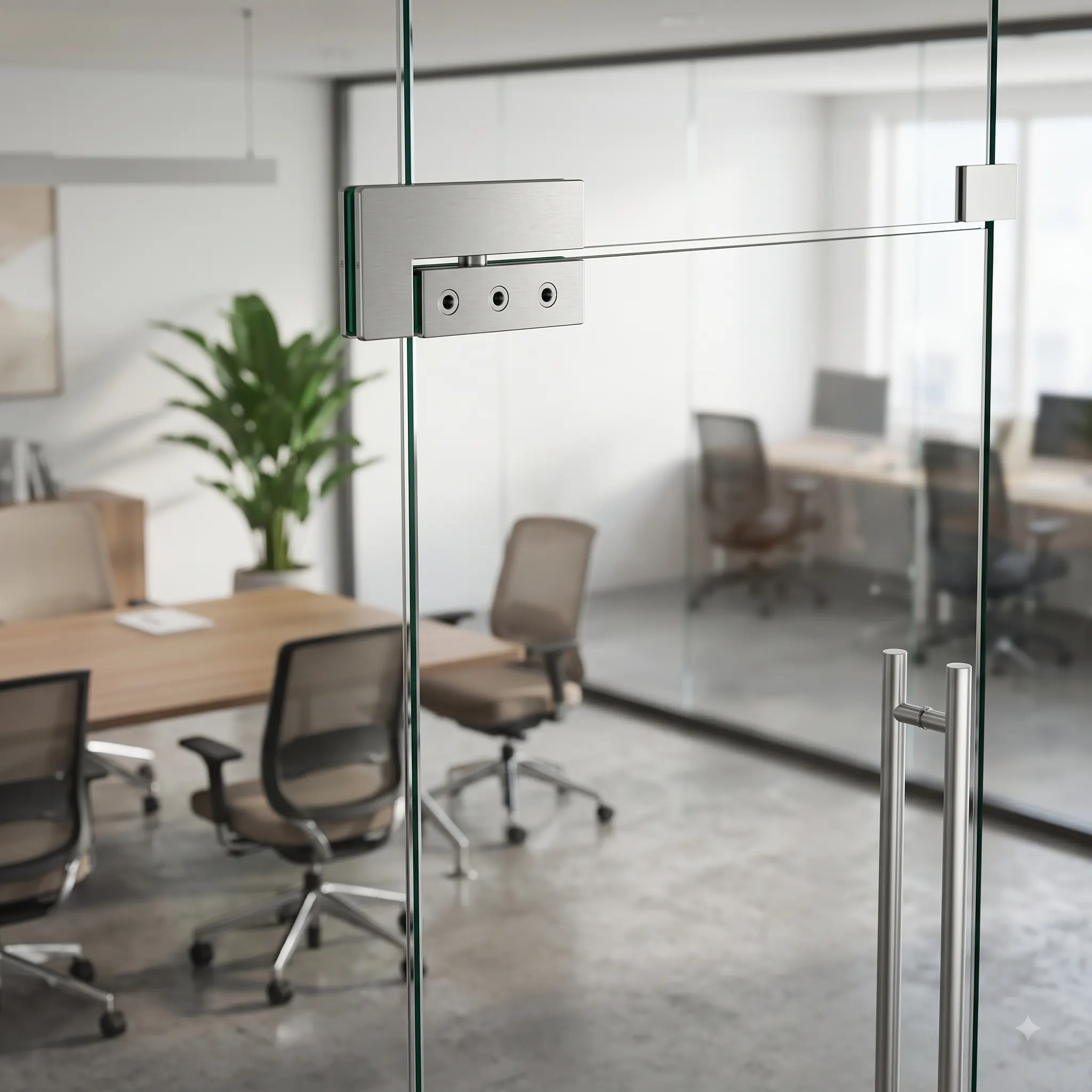 Satin stainless patch fitting on a frameless glass office partition door