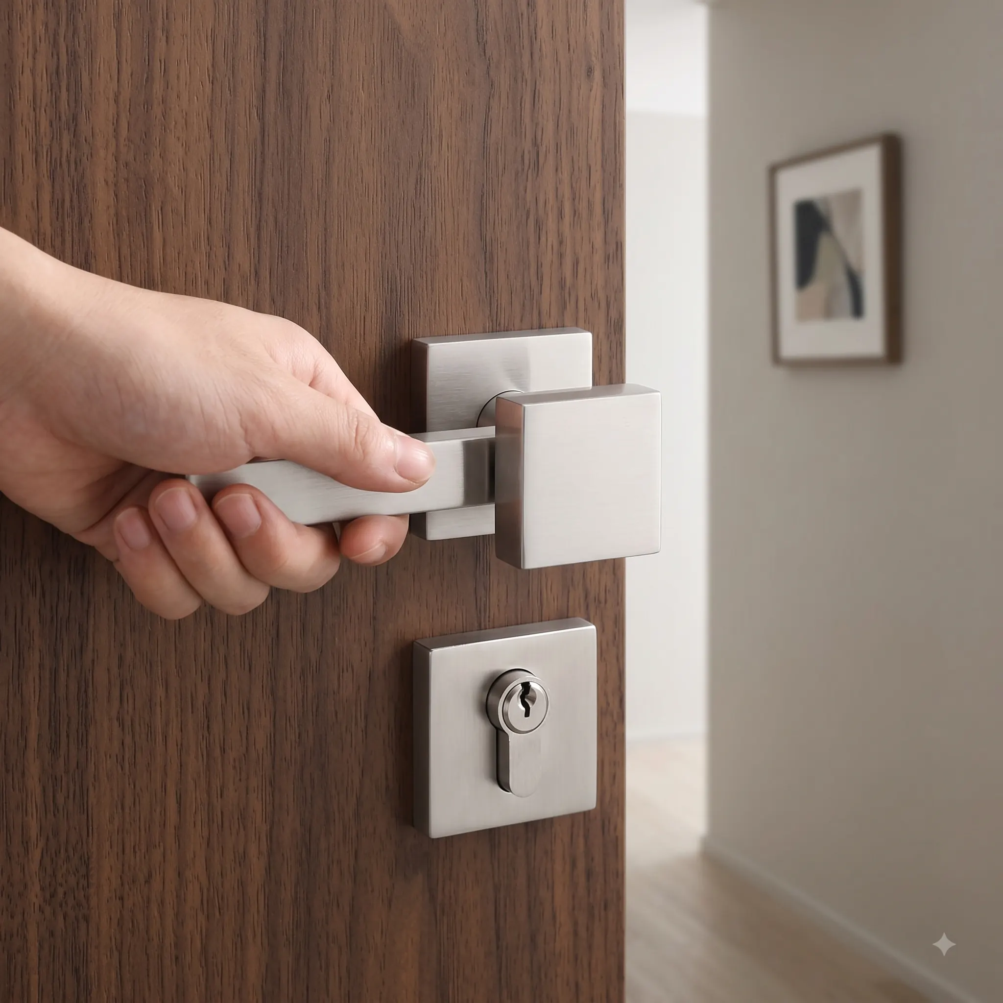 Satin stainless square lever handle and cylinder escutcheon on a walnut door