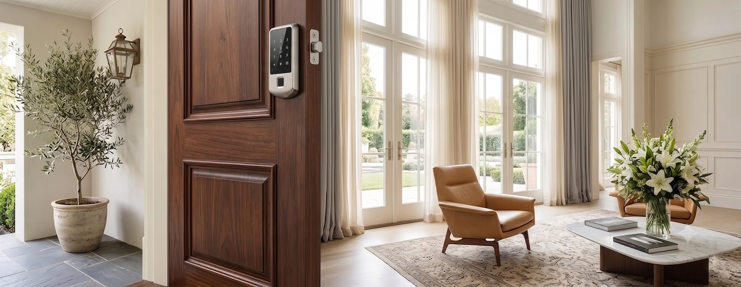 Keypad entry lock on a timber front door in a residential hallway
