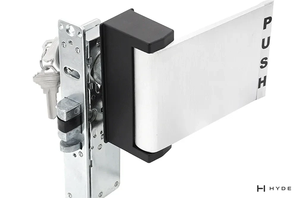 Client catalogue photograph of a storefront push/pull lock mechanism