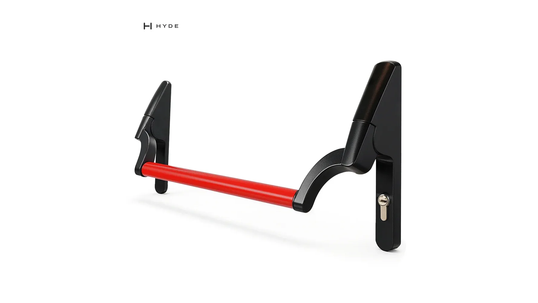 313 panic exit device with a red push bar and a long lock-side plate with a euro cylinder, original catalog photograph.