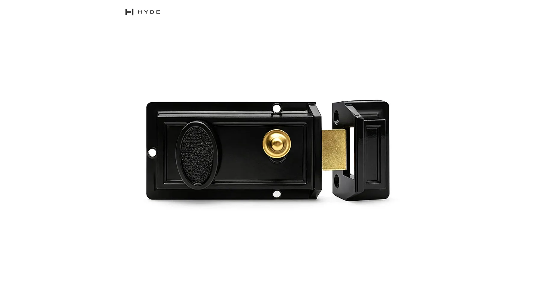 The 564 night latch in matt black, photographed on a plain field with its case and cylinder — a rim lock mounts on the face of the door, which is why its backset is measured to the cylinder rather than to a latch in the edge.