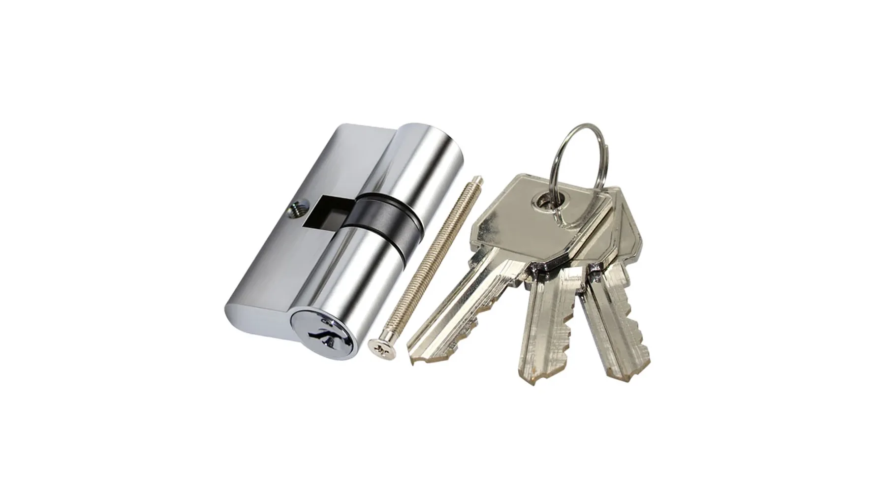 60 CPDK double euro profile cylinder with its keys and fixing screw, original catalog photograph.