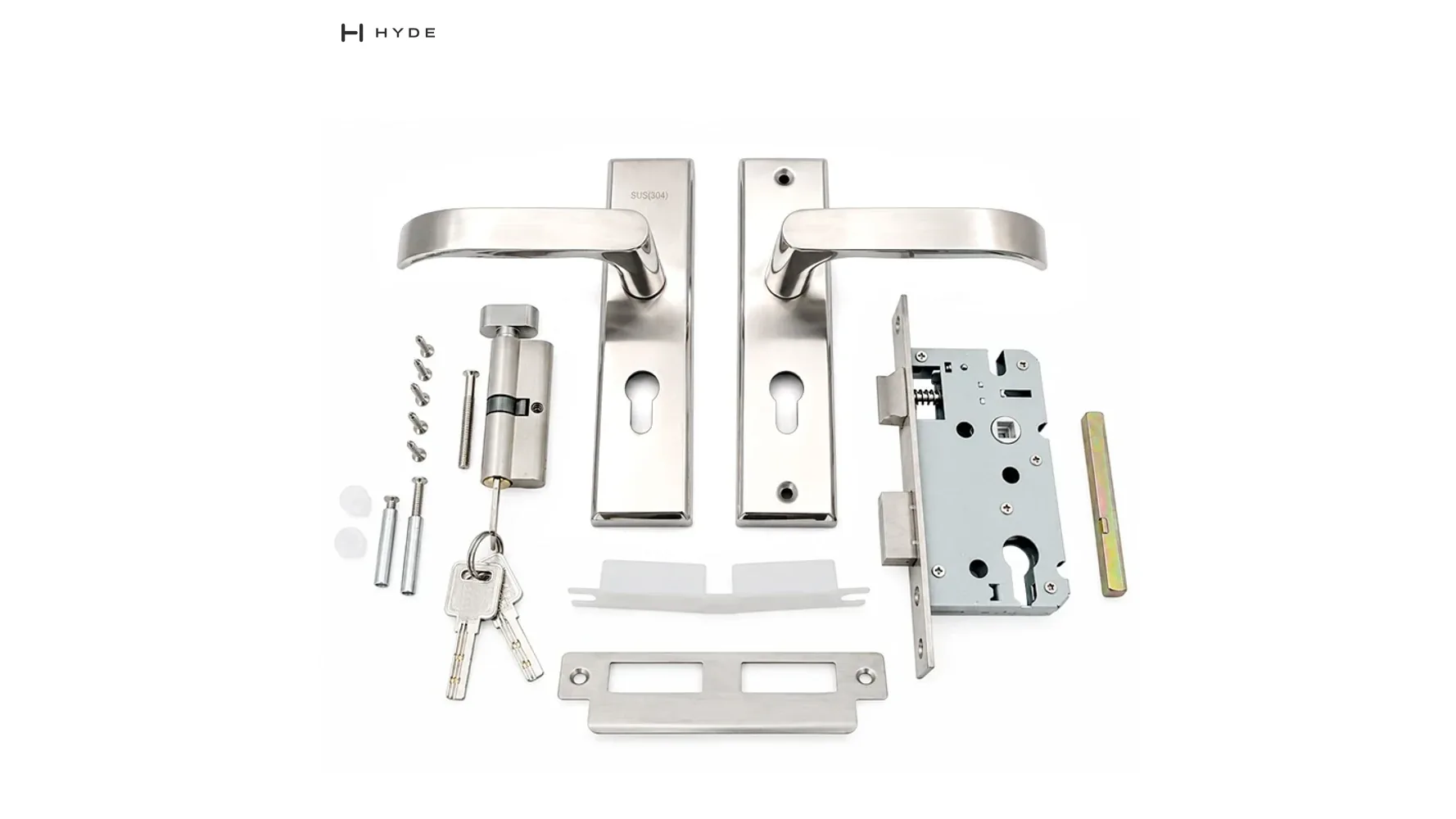 9088 SS stainless steel backplate lever set with its mortise lock, original catalog photograph.