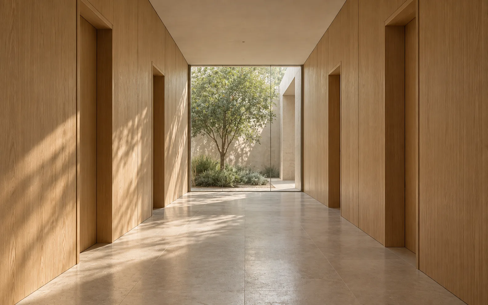 An oak-lined corridor leading to daylight