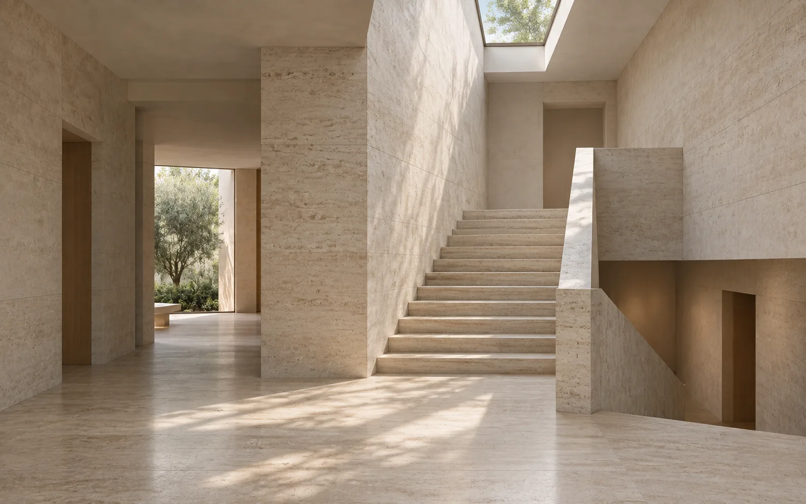 A travertine stair hall