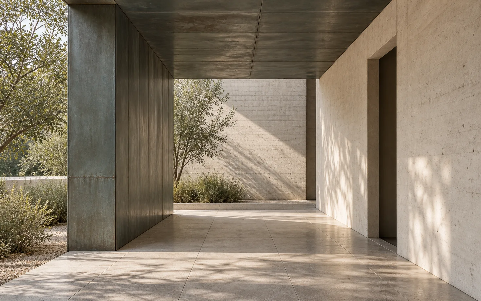 A zinc-clad passage beside concrete