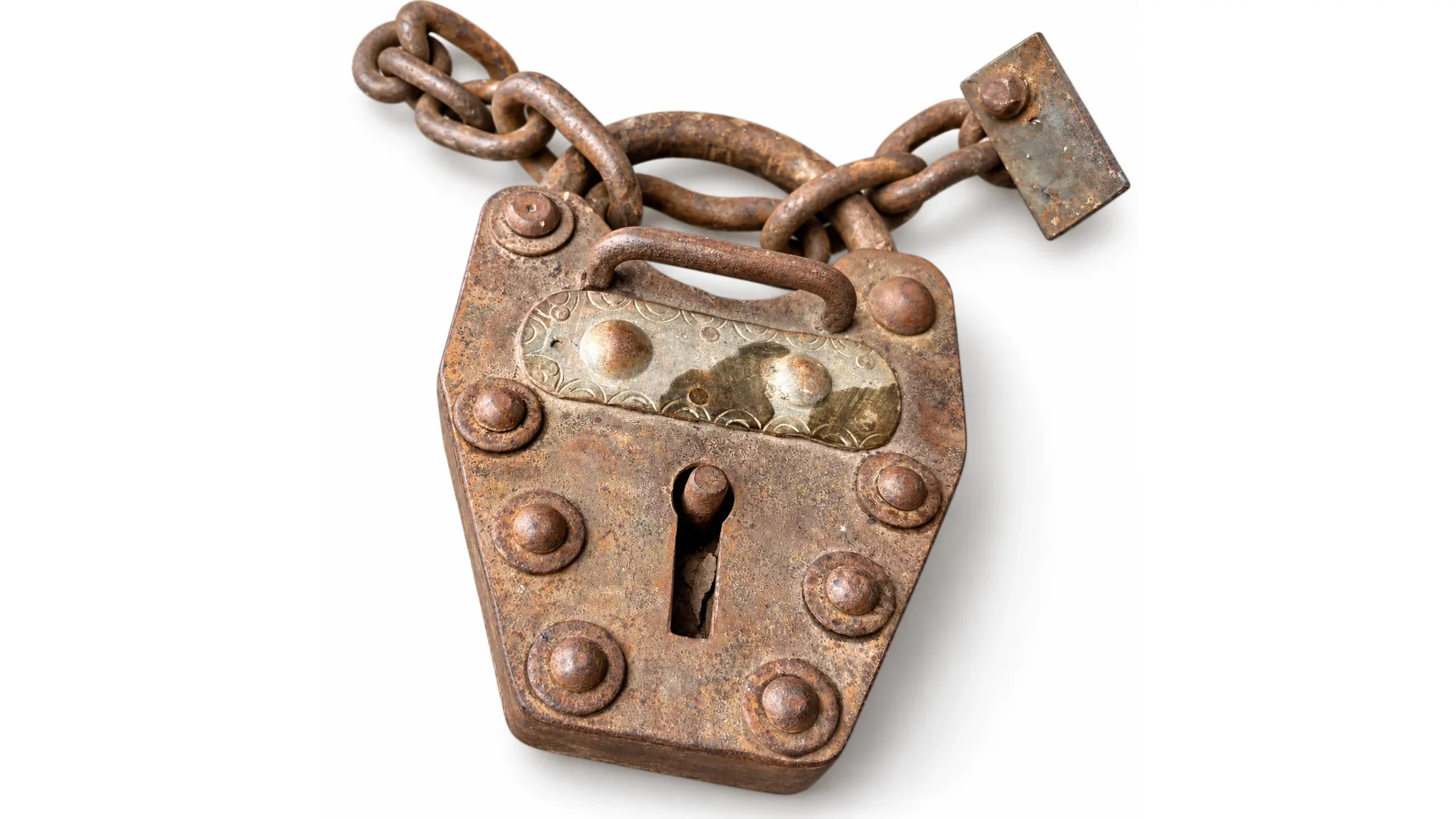 The padlock and its chain, cut out from the principal's photograph — eight domed rivets, a staple shackle and an engraved oval escutcheon