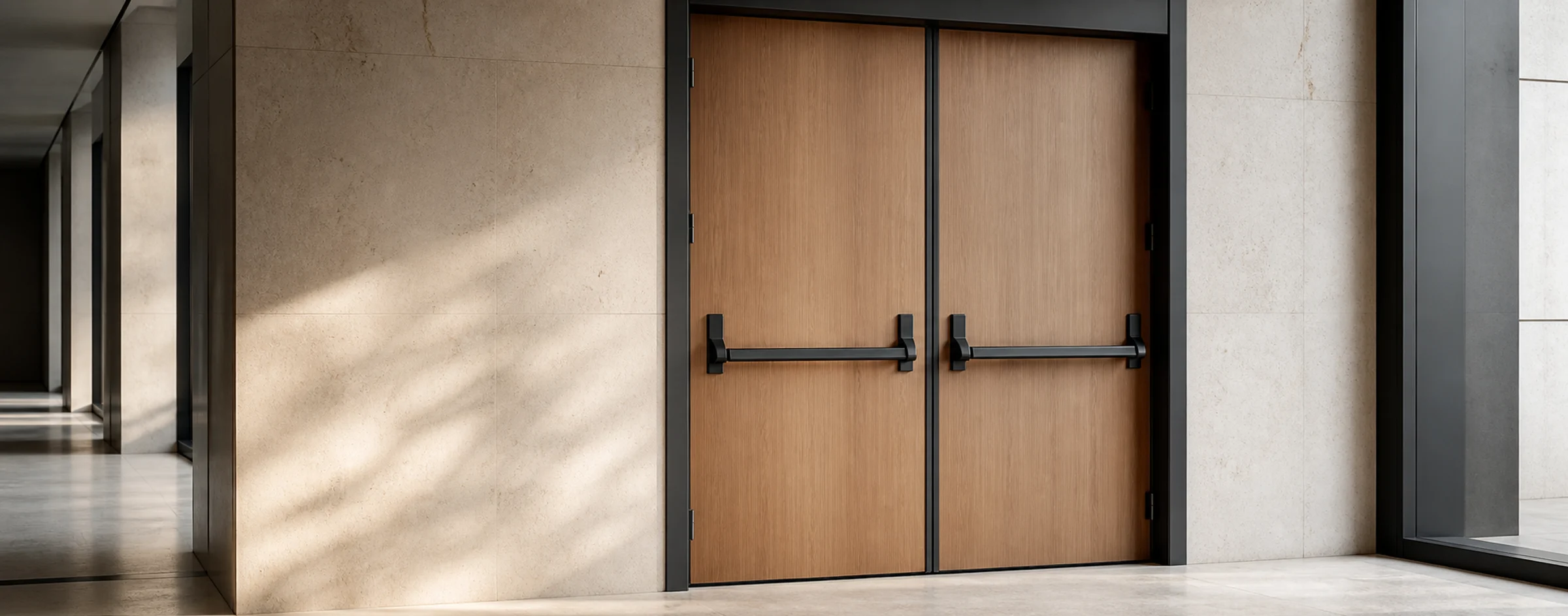 Representative commercial fire-exit doors with clearly visible panic push bars