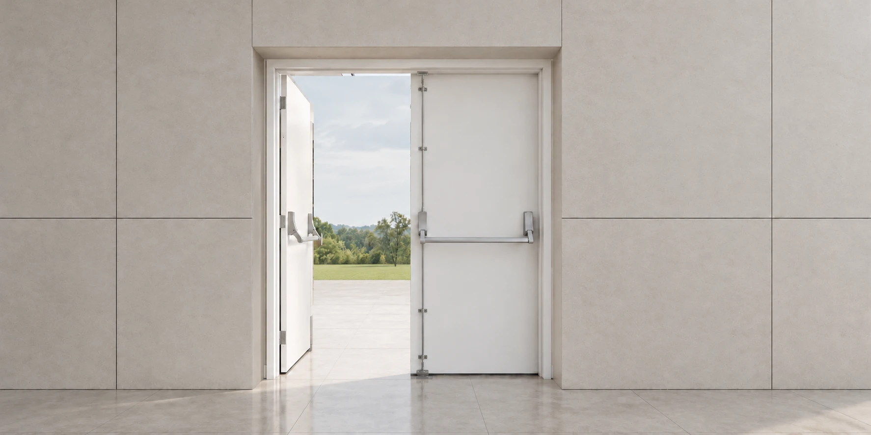 306-D double-door exit hardware: push bars on both leaves and surface vertical rods on the closed leaf, opening onto an outdoor courtyard
