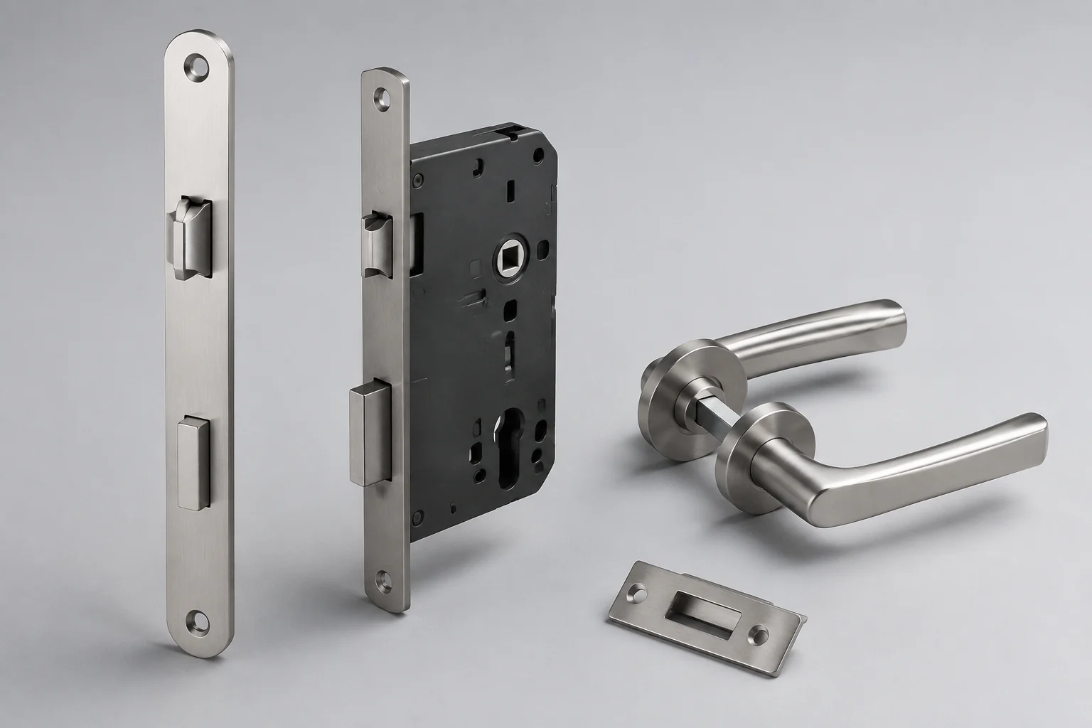 Illustrative mortise lock case, faceplates, lever set and strike on a neutral studio field
