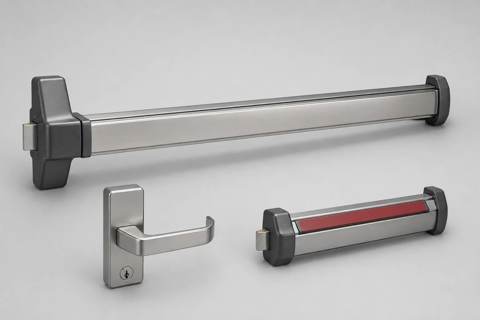 Illustrative panic-device family with exit bars and exterior lever trim