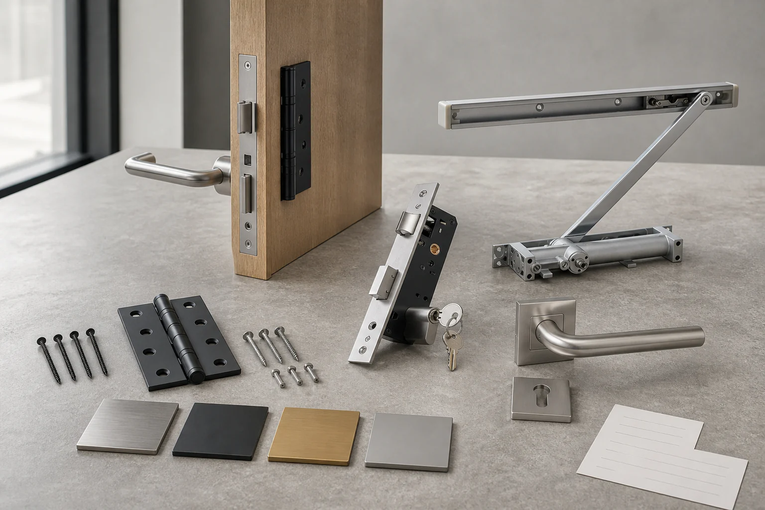 Representative editorial study: a mortise case, hinges, levers, a door closer and four finish sample plates laid out together — the four decisions a private-label order is actually made of.
