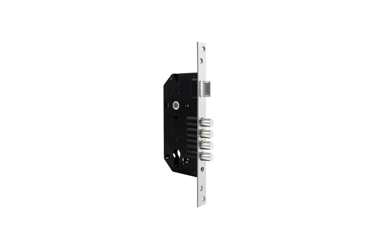A lock case photographed with its faceplate visible — the dimensions on this face are what decide whether a substitution fits a door that is already cut.