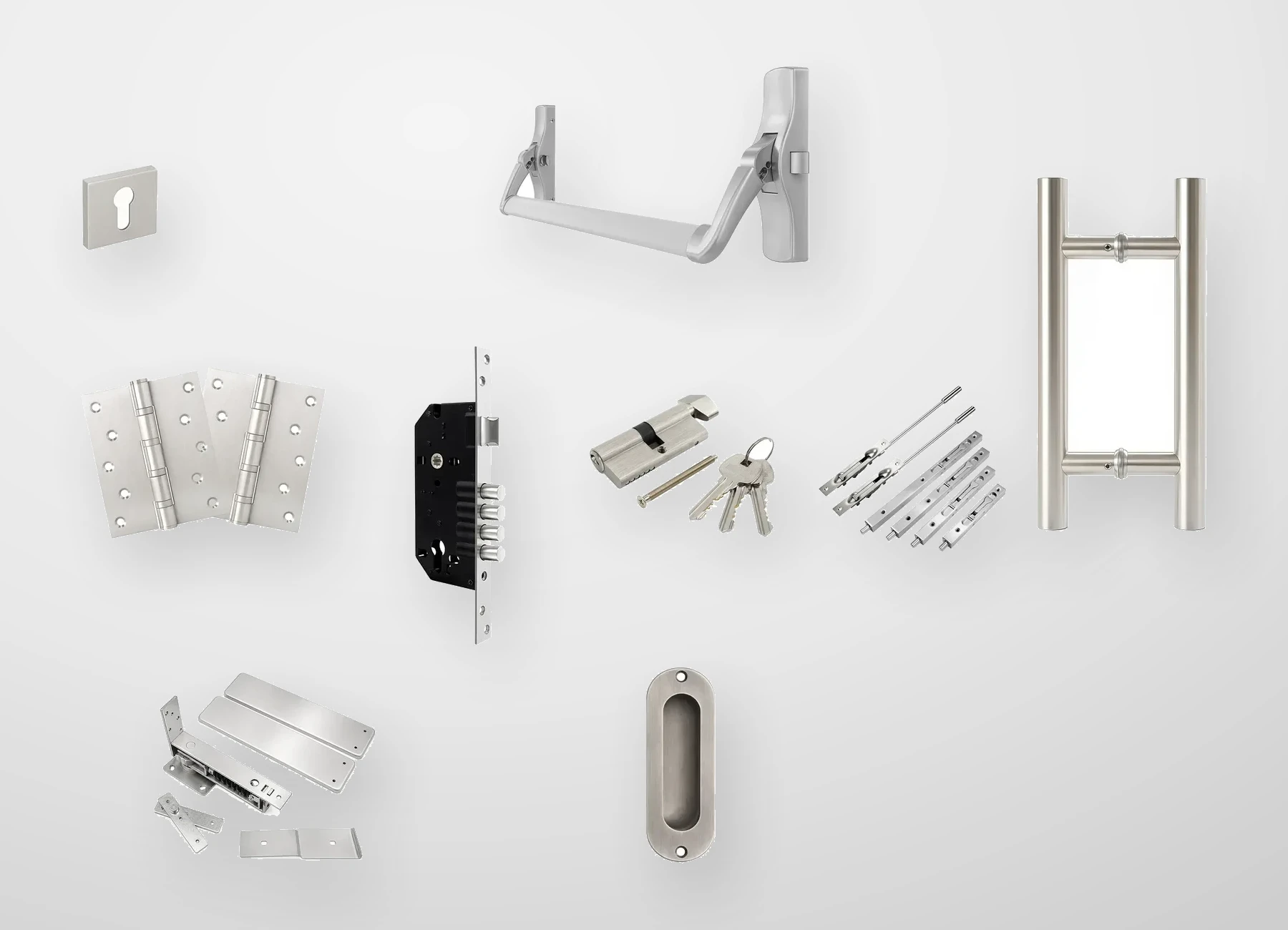 Real catalogue photographs presenting nine door-hardware families