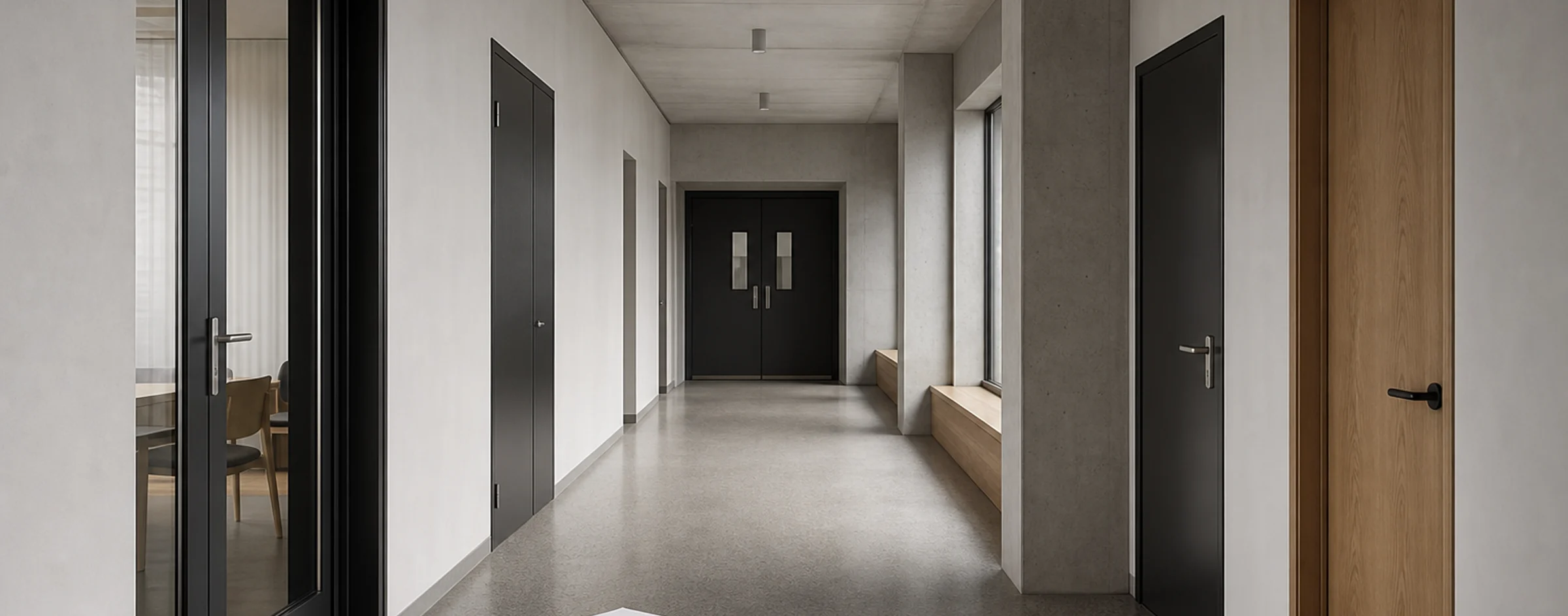 Representative door-schedule study showing coordinated glazed, service, fire and timber door types