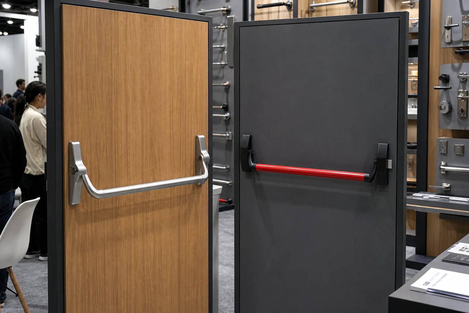 Panic exit devices photographed together — horizontal push bars of the kind EN 1125 covers, with their strikes and outside trim.