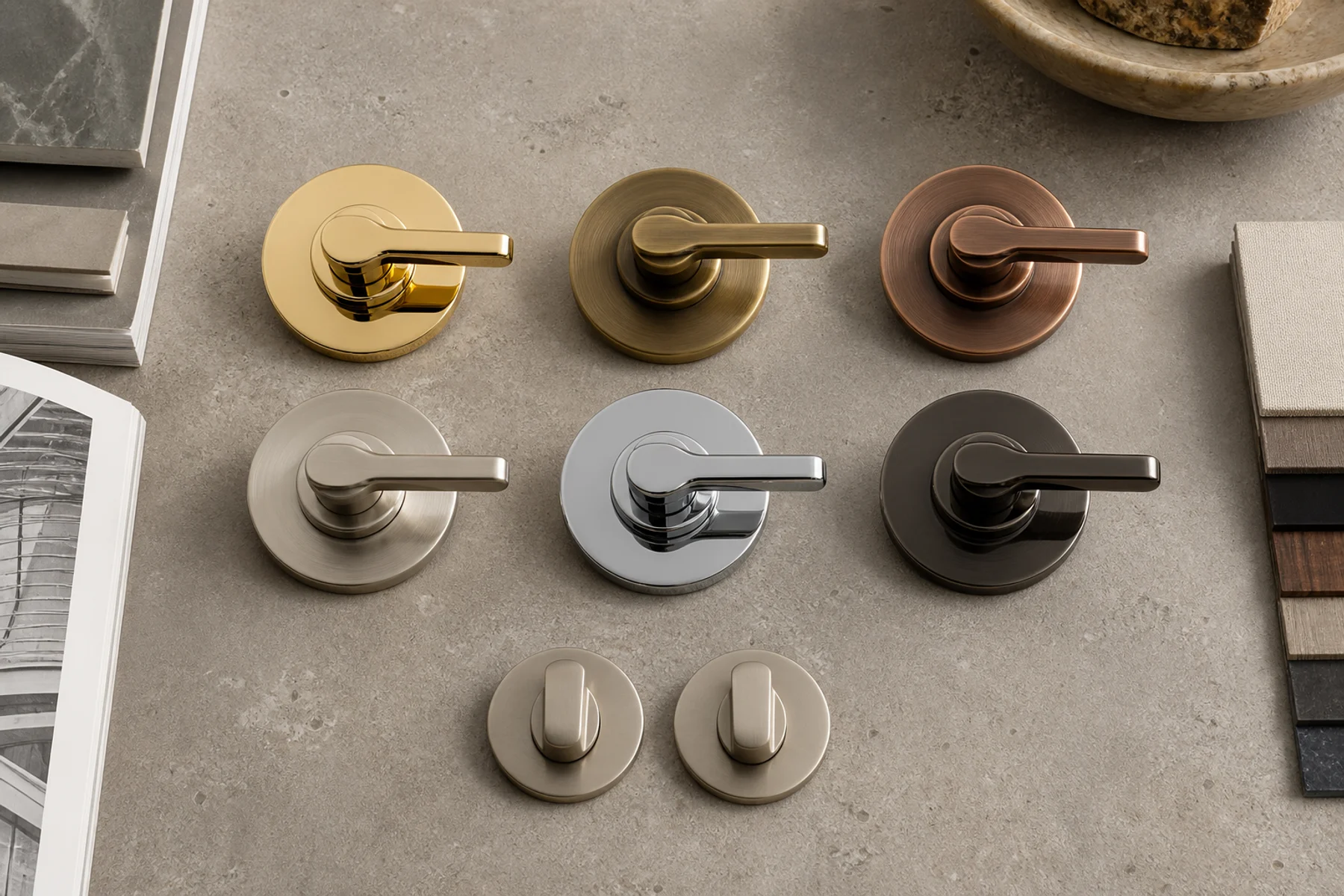 Representative specification-library study of one hardware form in six distinct finishes and two function turns