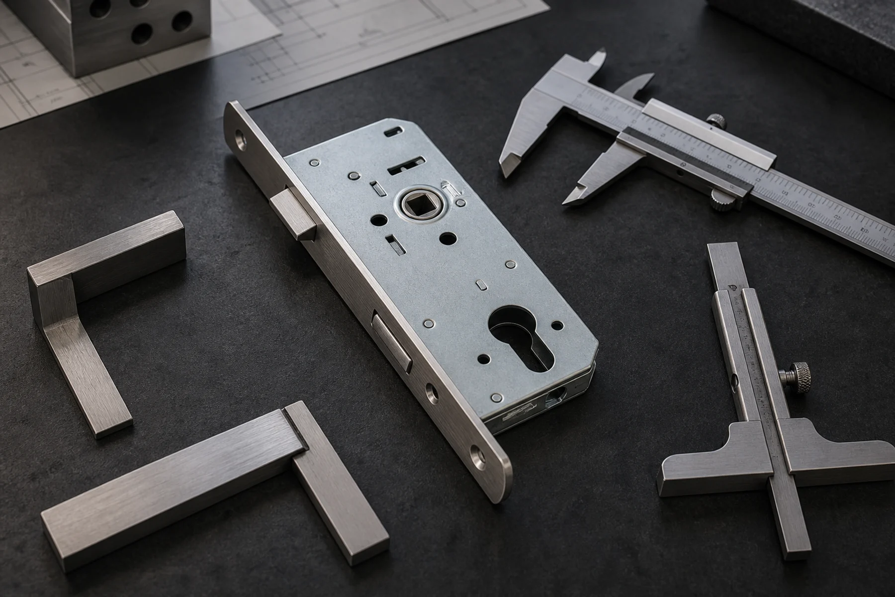 Representative dimensional-inspection study of an unbranded mortise lock case, caliper and gauges