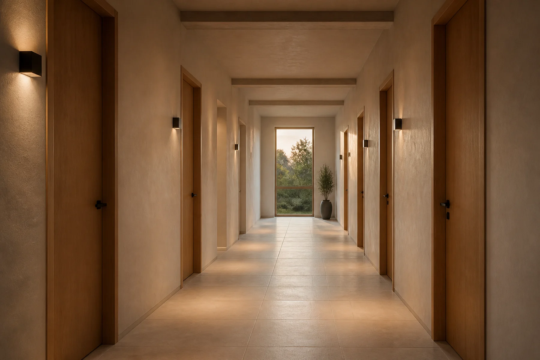 Pasillo representativo de hotelería y vivienda con puertas de madera coordinadas
