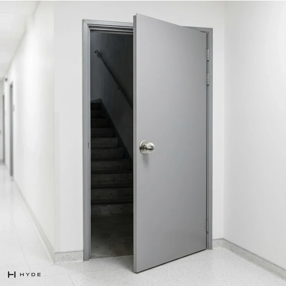 037 PS de Hyland: en la cara de tirar de una puerta de escalera, junto al canto de cierre