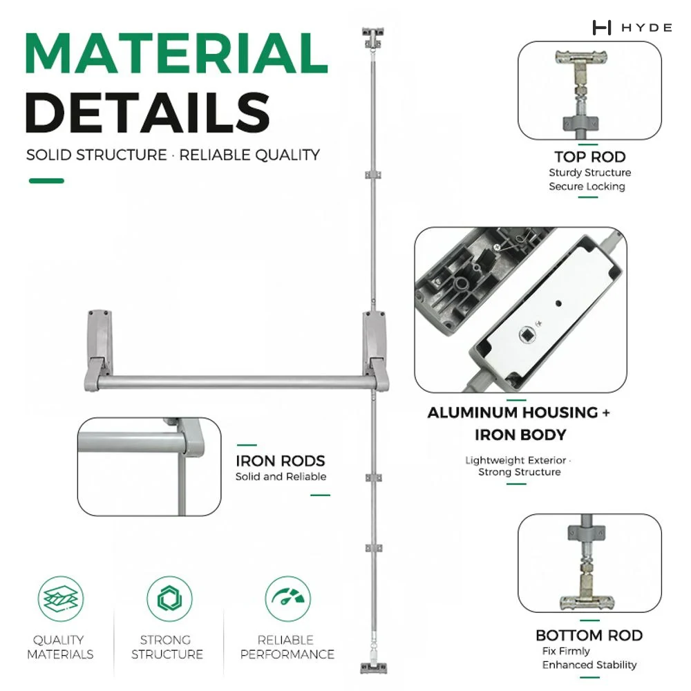 308-D de Hyland, materiales señalados: pestillos de varilla superior e inferior, carcasa de aluminio sobre cuerpo de hierro, varillas de hierro