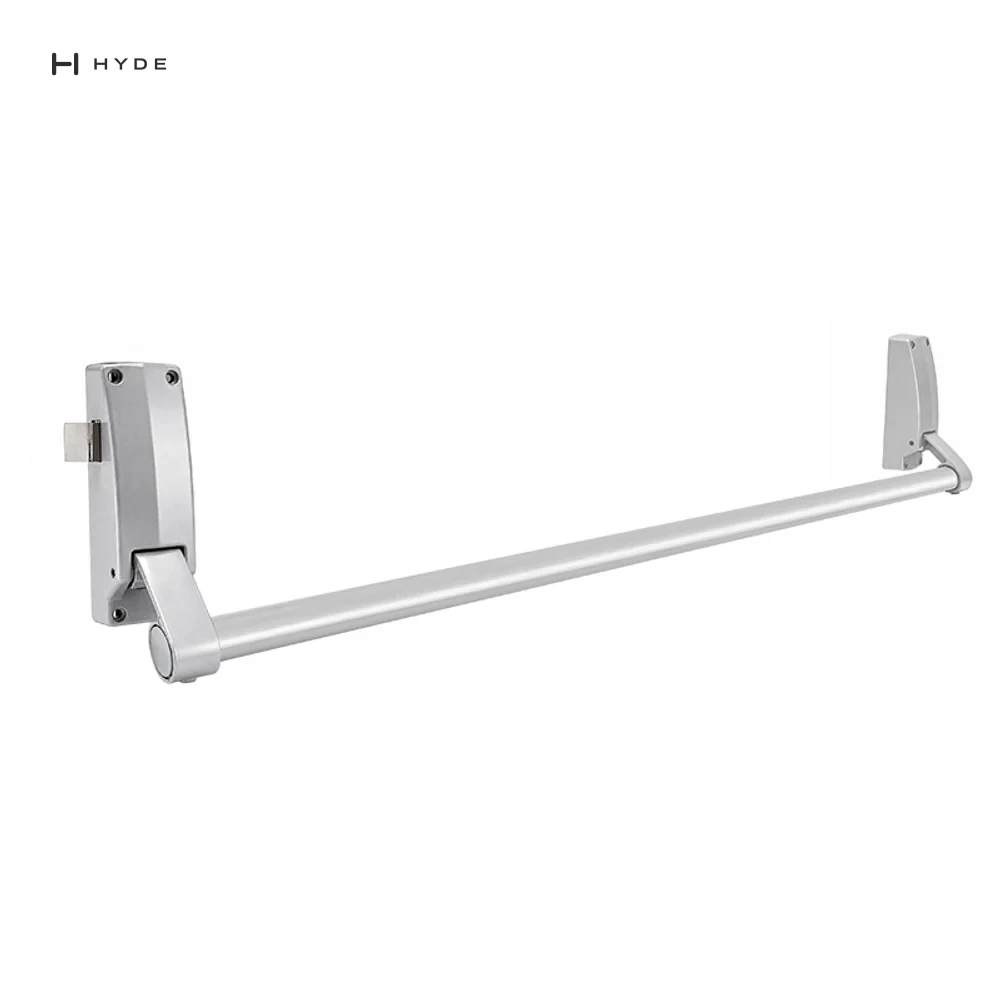 Hyland 308-S single-point panic exit device, three-quarter view — the side latch is visible at the left-hand case