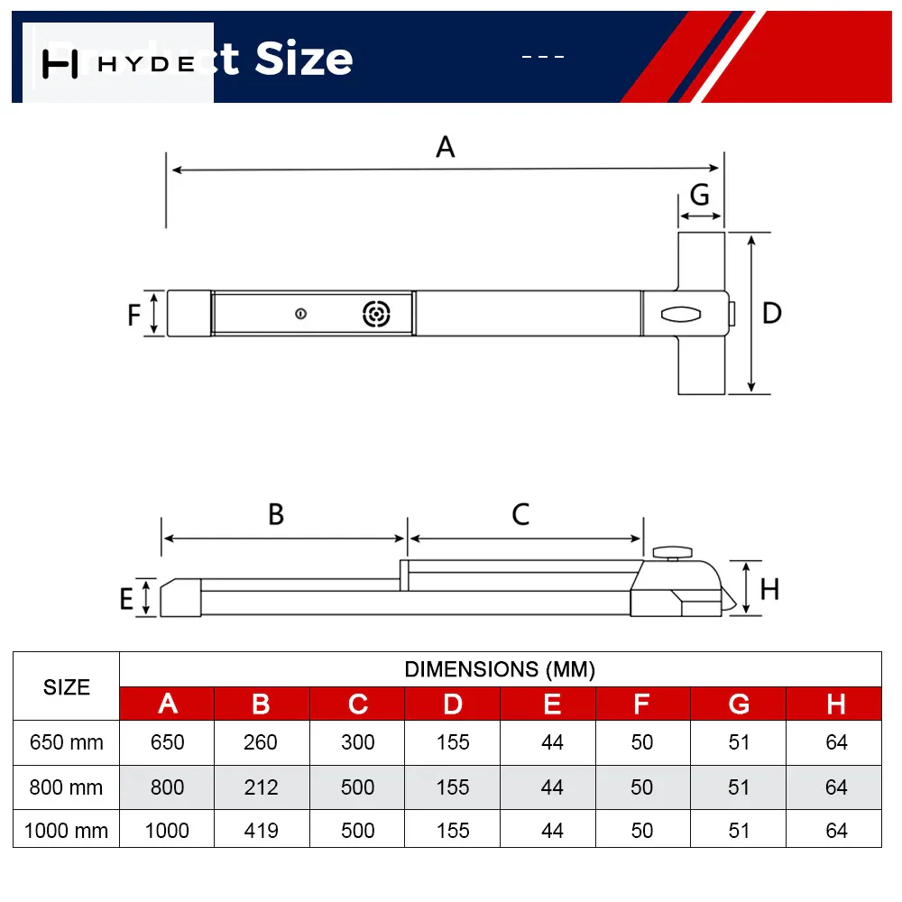 314 dimensional drawing with the size table for the 650, 800 and 1000 mm bars