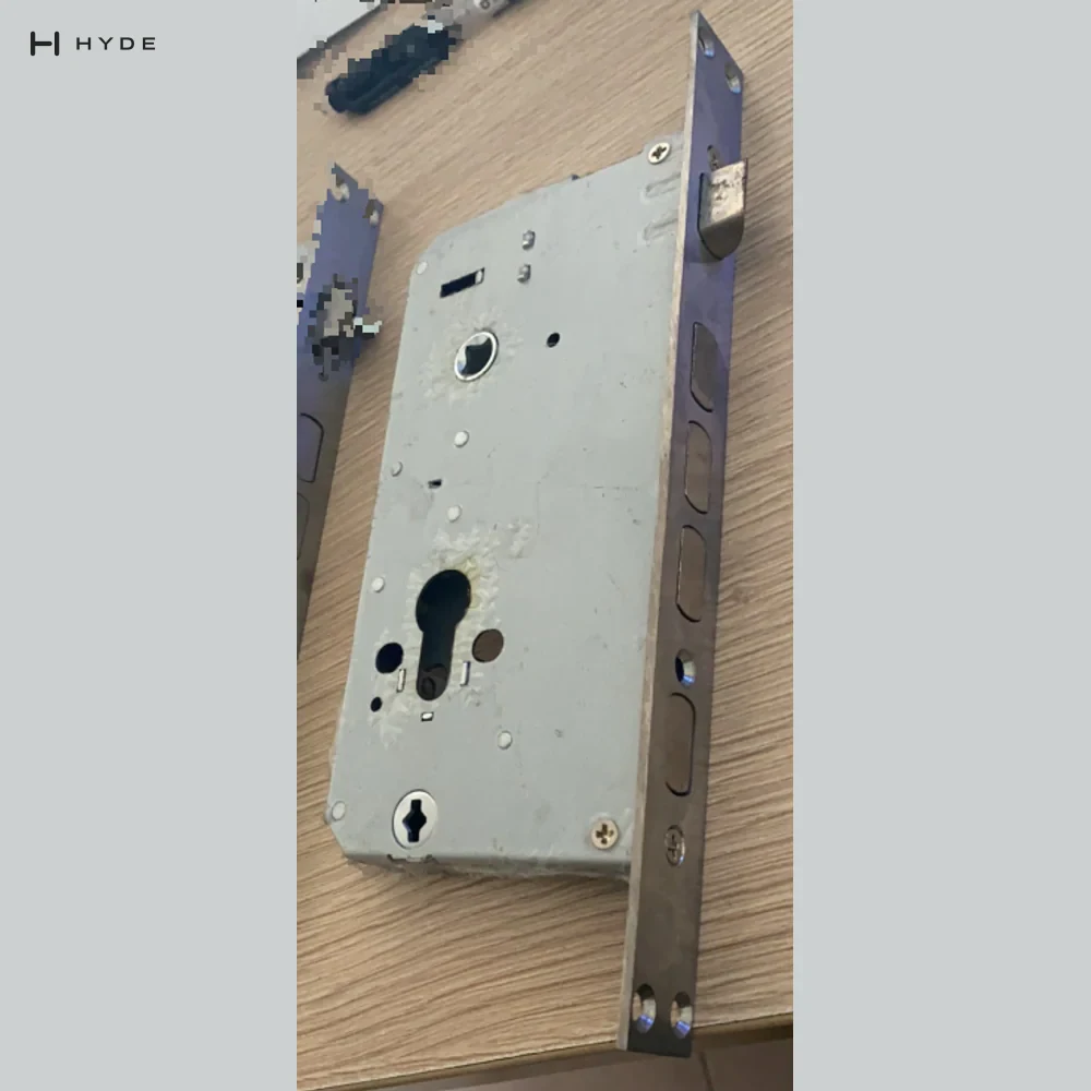 Hyland 6068 mortise lock case, reverse side, showing the euro-profile cylinder preparation
