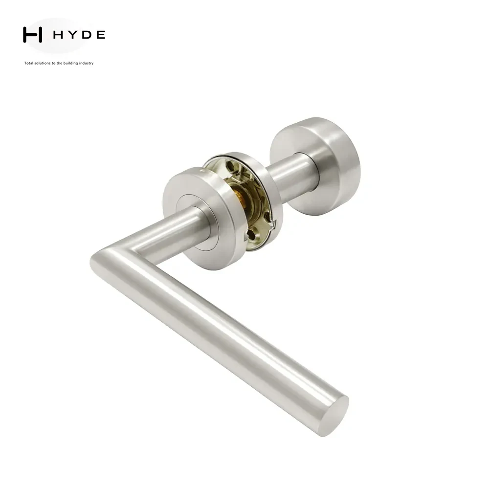 Stainless steel lever handle lock on backplate with cylinder aperture