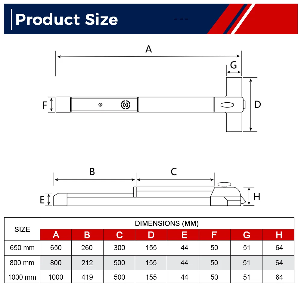 314 dimensional drawing with the size table for the 650, 800 and 1000 mm bars