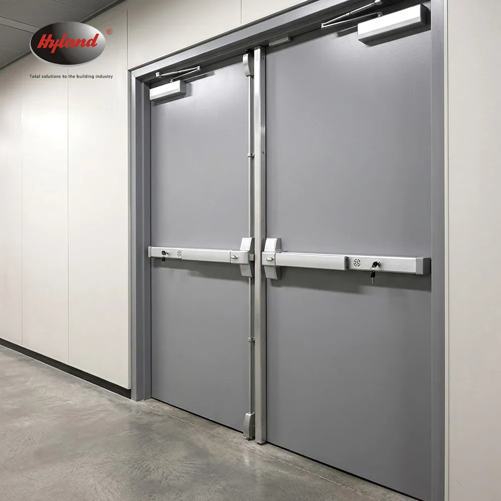 A pair of 314 panic bars installed on double steel doors