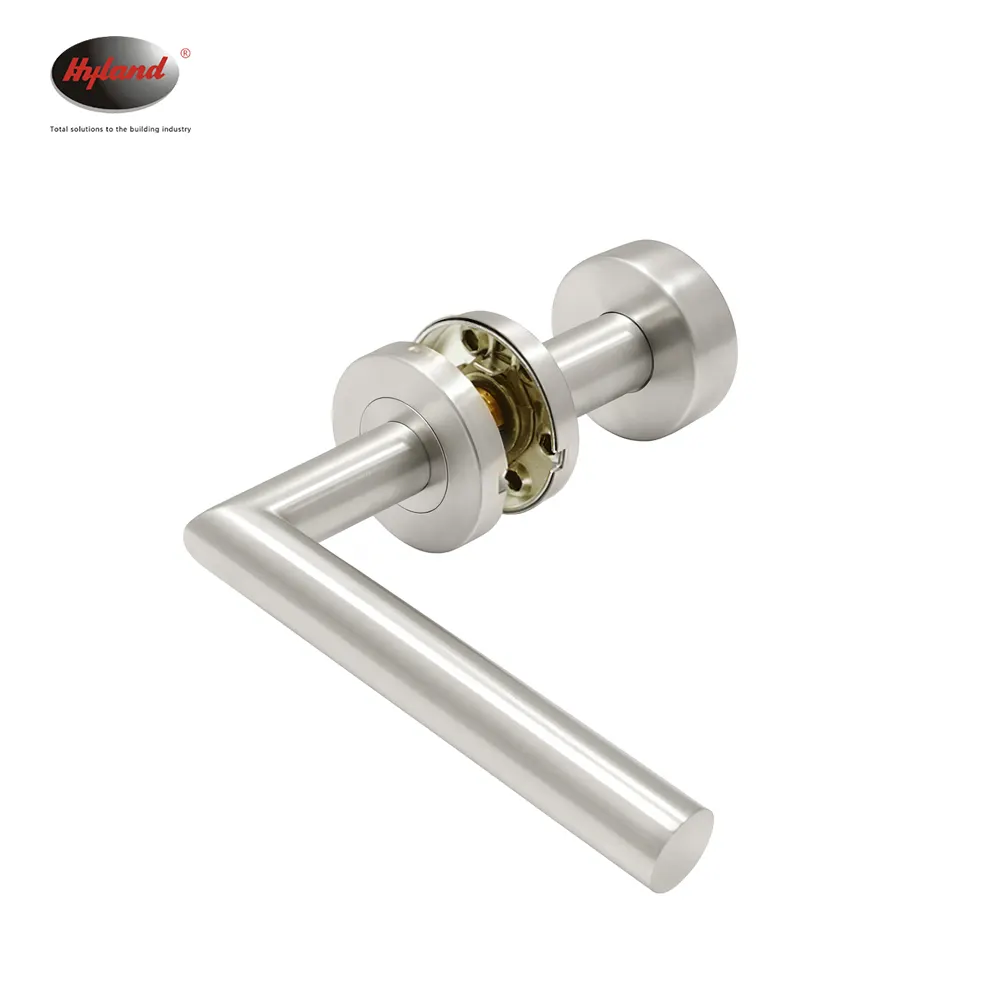Stainless steel lever handle lock on backplate with cylinder aperture